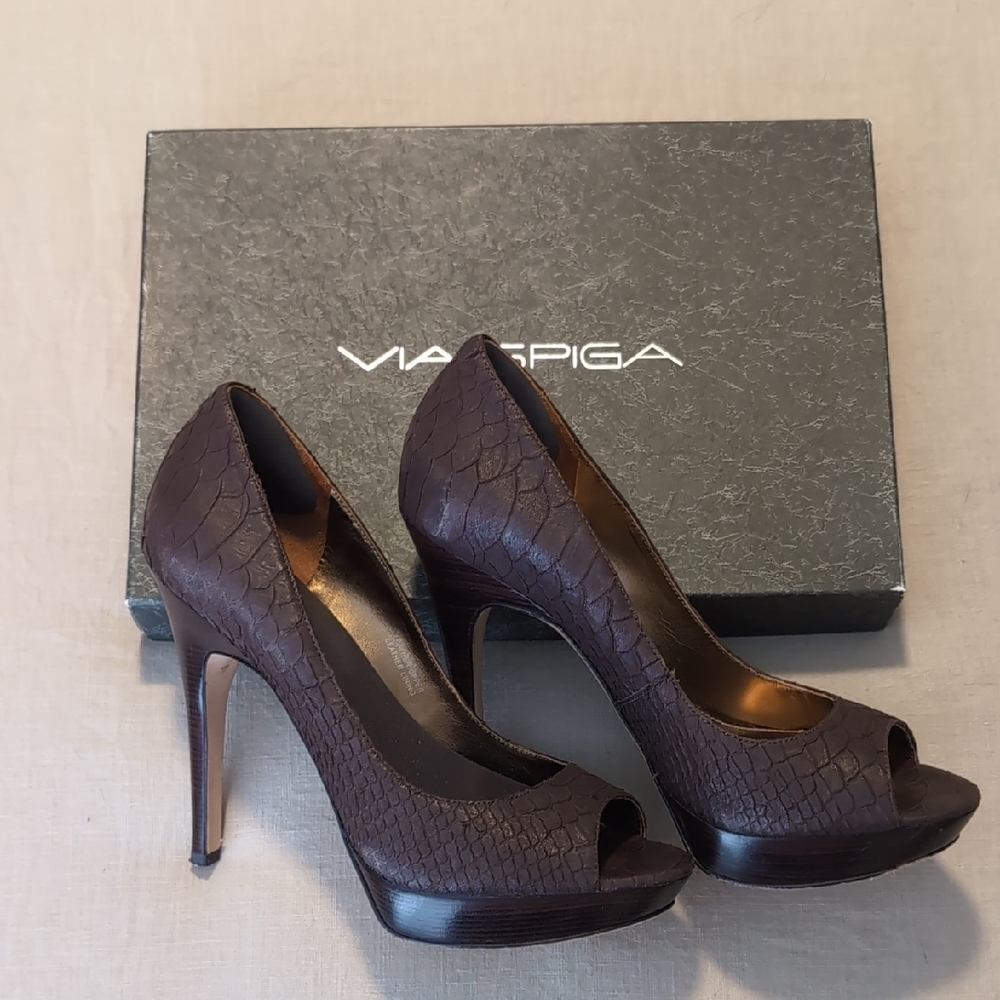 Via Spiga Chocolate Snake Leather Peep Toe Heels